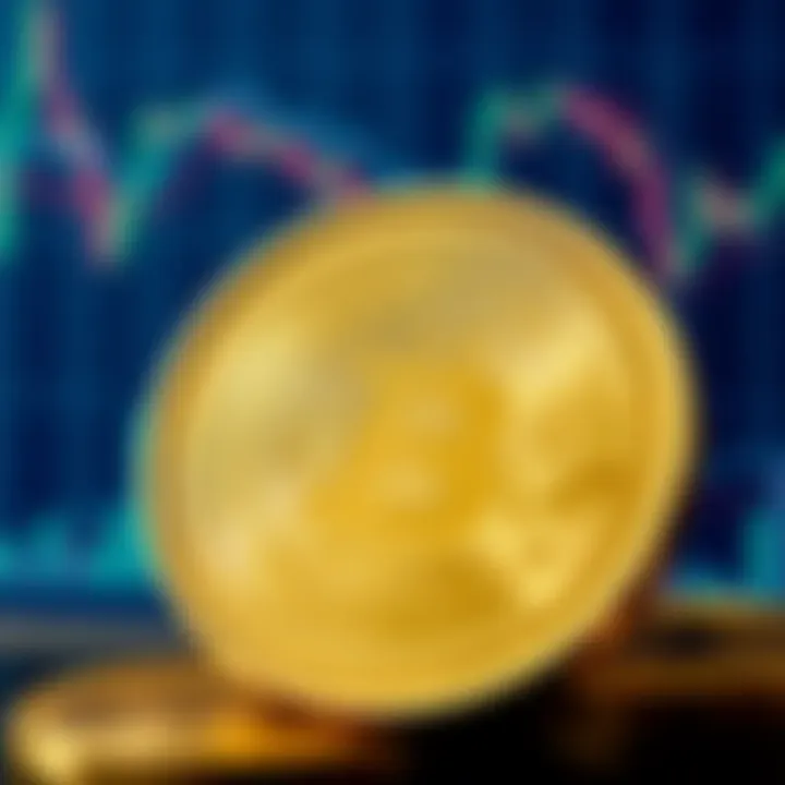 A close-up of a physical cryptocurrency coin with a digital financial graph in the background, symbolizing investment potential.