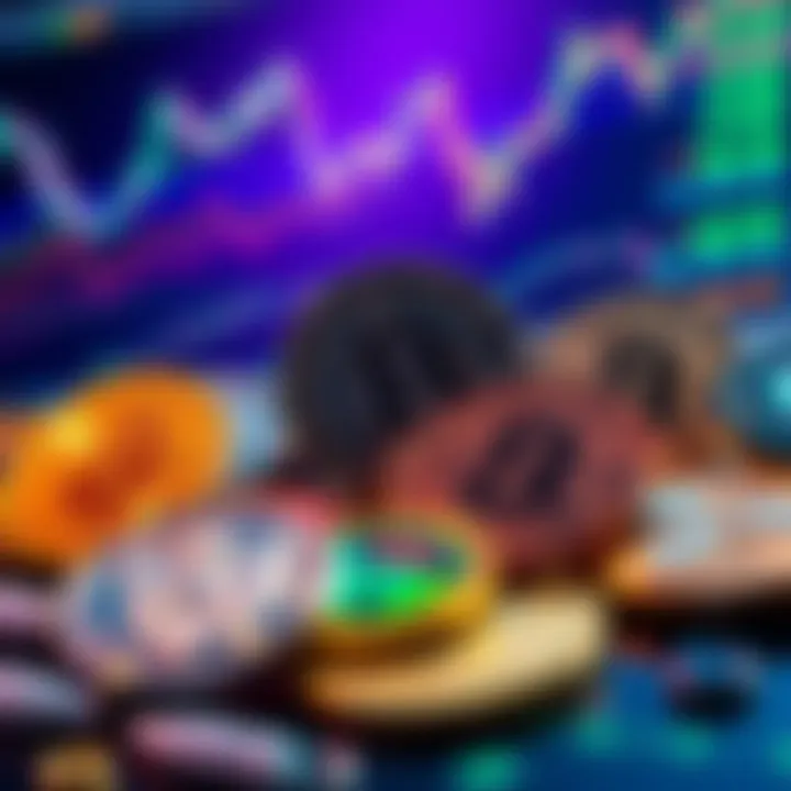 Diverse cryptocurrencies with investment charts in the background