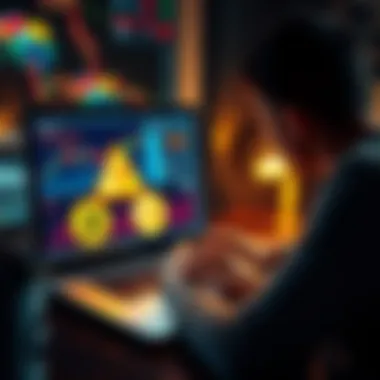 A person analyzing cryptocurrency market data on a laptop, with Bitcoin and Ethereum logos visible on the screen, alongside charts and graphs.