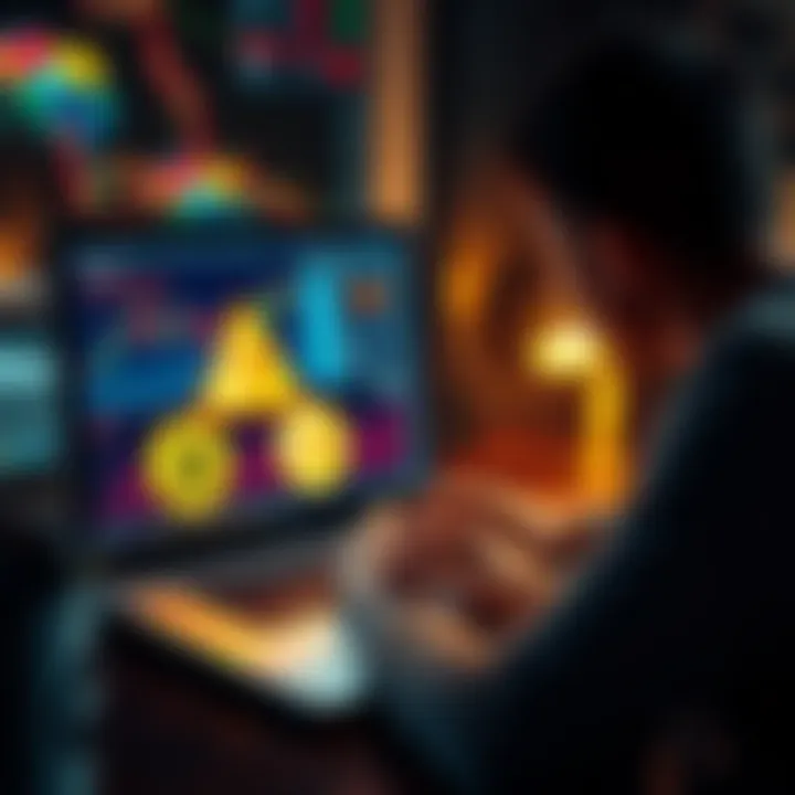 A person analyzing cryptocurrency market data on a laptop, with Bitcoin and Ethereum logos visible on the screen, alongside charts and graphs.