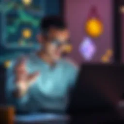 A person analyzing their investments on a laptop with cryptocurrency symbols like Bitcoin, Ethereum, and Solana in the background.