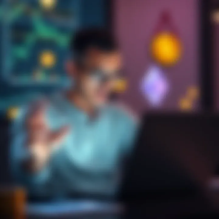 Cryptocurrency Investment Strategy A person analyzing their investments on a laptop with cryptocurrency symbols like Bitcoin, Ethereum, and Solana in the background.