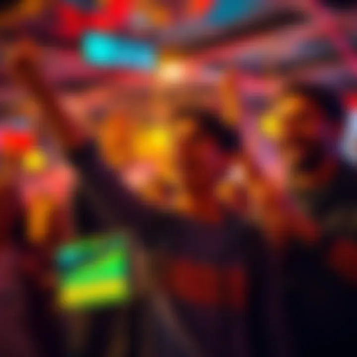 A young investor holding a phone with cryptocurrency charts, celebrating a successful investment with friends in a lively atmosphere.