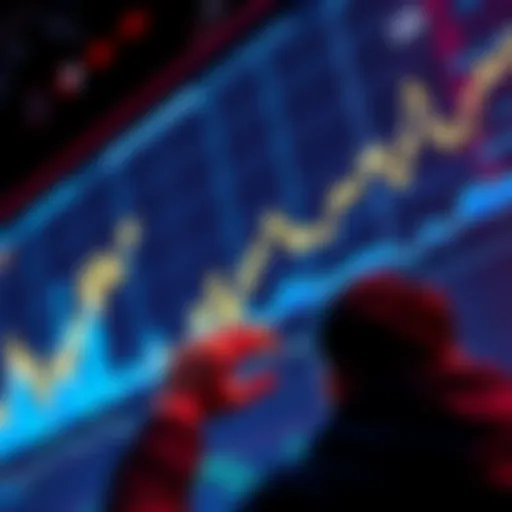 A graph showing sharp rises and drops in cryptocurrency prices with a person looking frustrated at the screen.