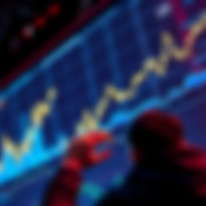 A graph showing sharp rises and drops in cryptocurrency prices with a person looking frustrated at the screen.