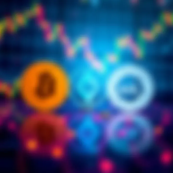 A graphic showing the logos of ETH, HEDERA, CHAINLINK, and SOL with market trend indicators in the background.
