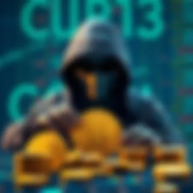 A hacker attempting to mix Bitcoin coins, with a digital background showing transaction queues and uncertainty.