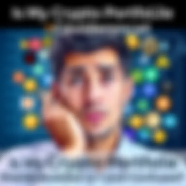 A person looking confused while analyzing a chart with various cryptocurrency logos on it, representing a scattered crypto portfolio.