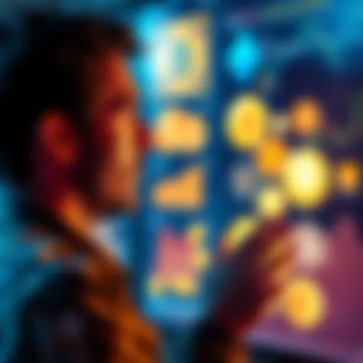 A person looking at various cryptocurrency coins on a digital screen, contemplating investment choices.