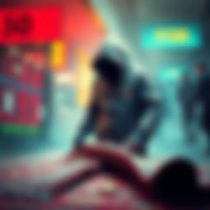Cryptocurrency Rug Pull A hooded figure pulling a rug from under unsuspecting investors in a digital currency market
