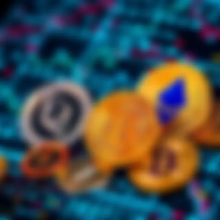 Various cryptocurrency symbols including Bitcoin and Ethereum on a digital background