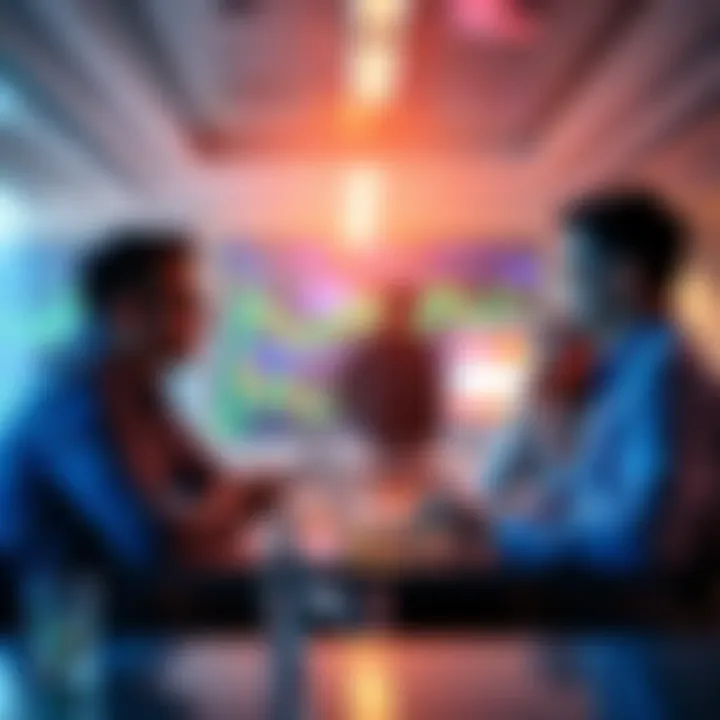 People discussing cryptocurrency trading strategies and insights in a modern office setting