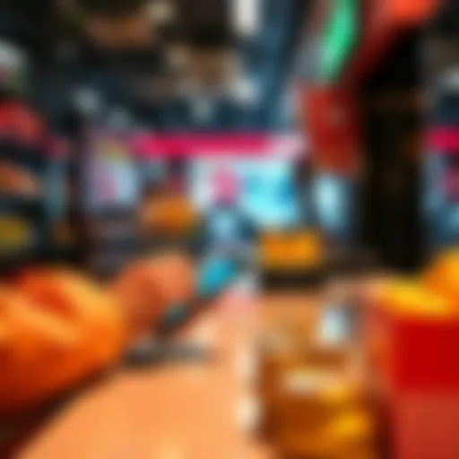 A person using a smartphone to make a cryptocurrency transaction at a store counter with various coins visible.