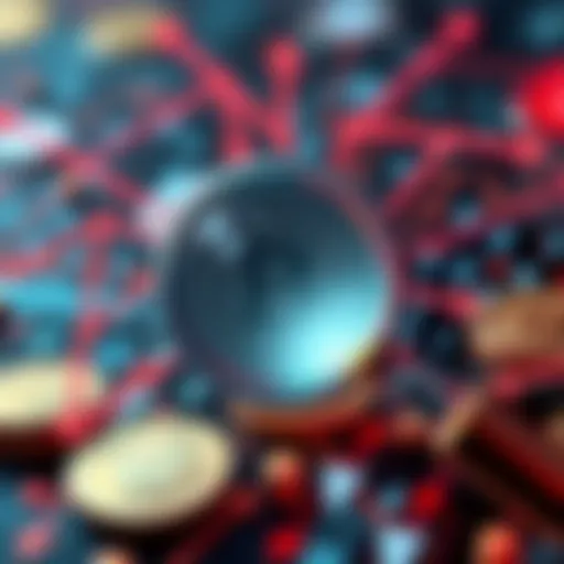 A visual representation of cryptocurrency transactions tracing, showing digital coins with a magnifying glass and arrows indicating movement