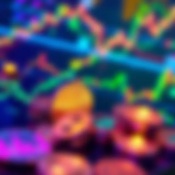 Cryptocurrency Trends A visual representation of popular cryptocurrencies with market trend graphs and investment symbols