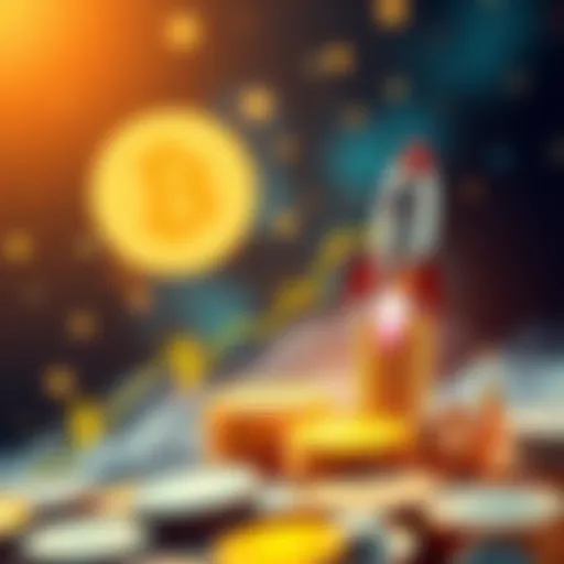 A graphic showing rising cryptocurrency values with coins and a rocket symbolizing growth.