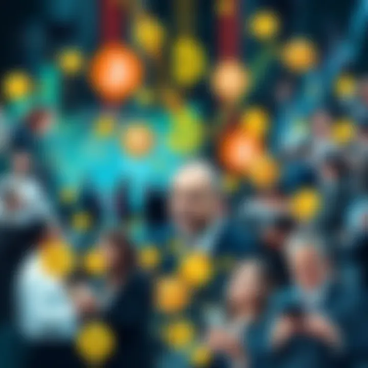 A collage showing cryptocurrency symbols, financial charts, and diverse people engaging in digital transactions, showcasing the shift in culture and finance due to crypto.