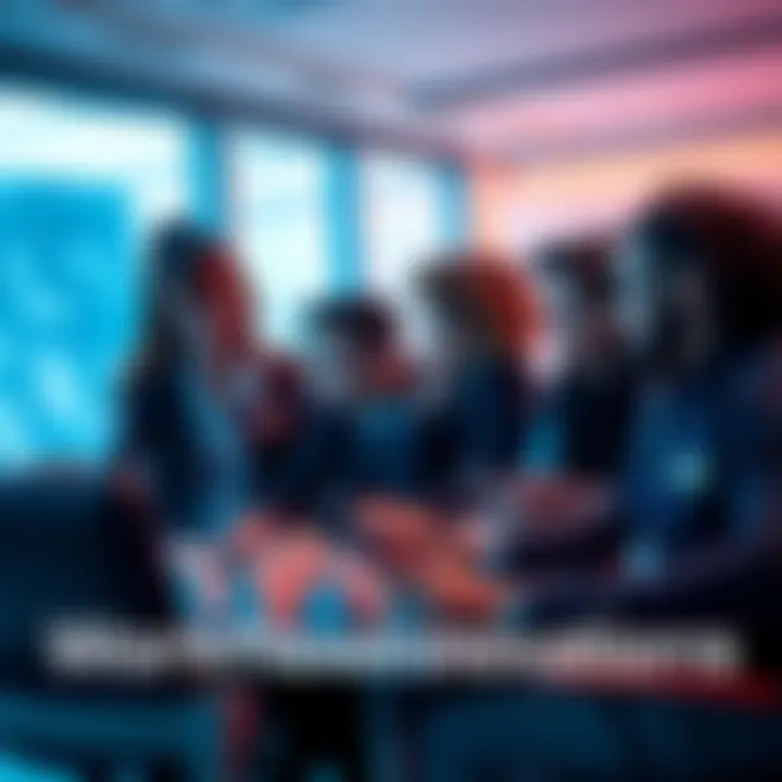 A team of professionals collaborating in a modern office, using Cryy PTO software on their devices to enhance productivity and engagement