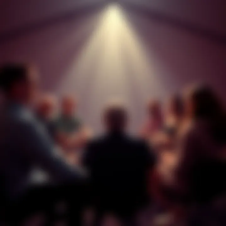 A group of individuals sitting in a circle, engaged in a discussion, reflecting on the dynamics of a modern-day cult, with serious expressions.