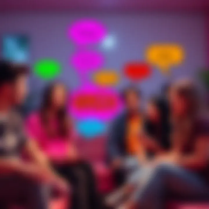 A group of young people discussing the term 69420 in a casual setting, with colorful speech bubbles showing phrases related to modern slang.