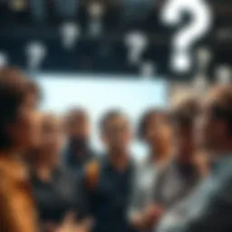 A group of people engaged in a discussion, looking curious and thoughtful, with question marks in the background.