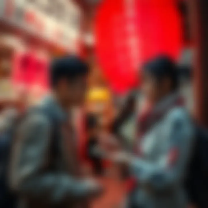 A traveler comparing currency exchange rates at a shop in Japan with yen and euros