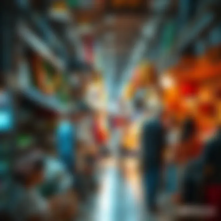 A diverse group of people engaged in buying and selling items at a bustling market.