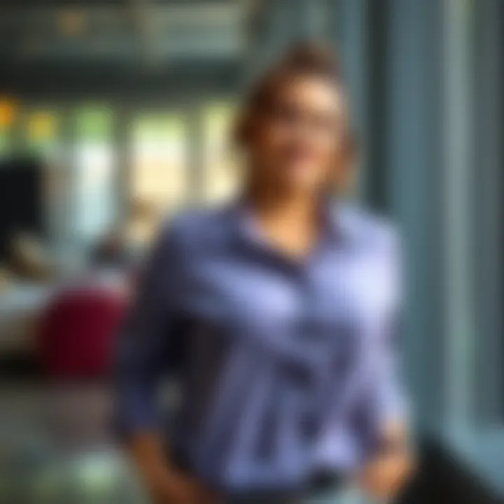 A woman with curves wearing a stylish button-up shirt, showcasing a comfortable fit and confidence.