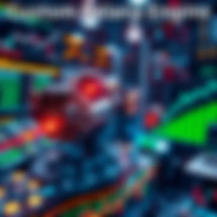 A digital representation of a Solana engine processing transactions rapidly within the same block, illustrating market responsiveness, with graphs and charts showing potential profits for traders.