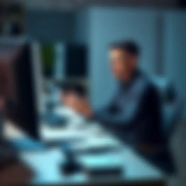 A frustrated customer sits at a desk, gesturing with their hands while looking at a computer screen. Papers and a phone are scattered around, indicating a busy work environment.