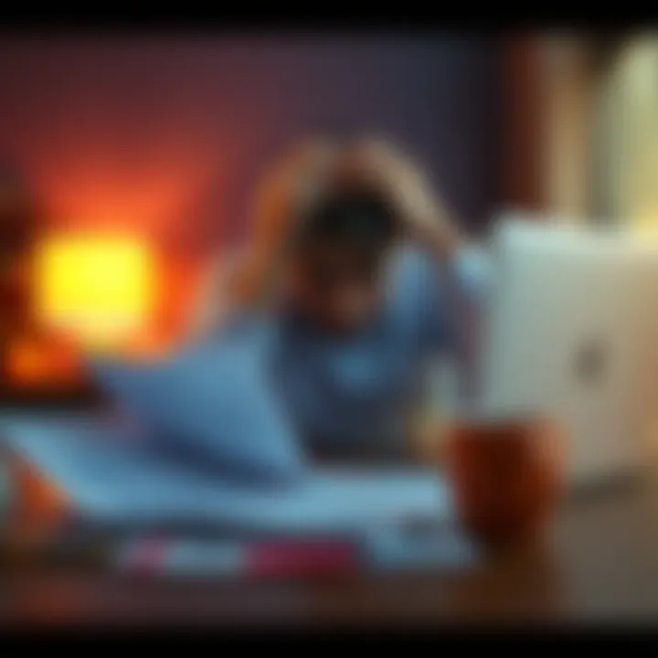 A frustrated person looking at a closed laptop with financial documents on the table, showing paystubs and a job contract.