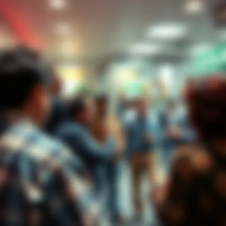 A chaotic scene at a bank branch with people arguing and bystanders watching