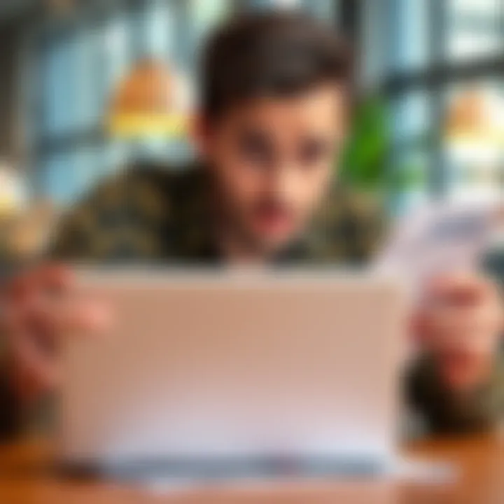Customer Frustration with Bank Documents A frustrated customer looking at a laptop with a confused expression while holding bank document requests.
