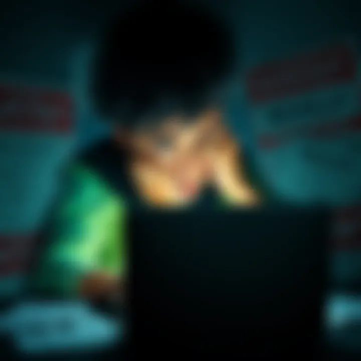 A distressed person looking at a laptop with a worried expression, surrounded by eviction notices and bills, highlighting their financial struggle.