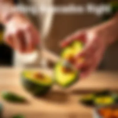 A person demonstrating the proper way to cut an avocado, removing the top and scooping out the flesh