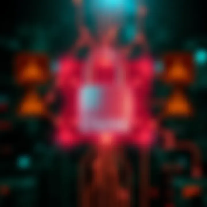 A digital lock surrounded by warning signs indicating a looming cyber attack