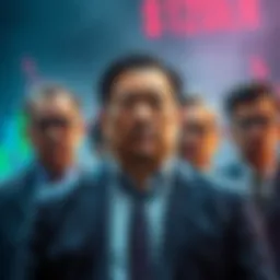 CZ stands in front of a group of serious-looking competitors in the crypto exchange market, conveying a sense of confrontation over his pardon efforts.
