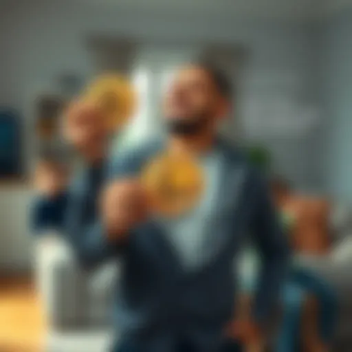 A father holds two Bitcoin coins, looking hopeful as he stands in a cozy living room, his two young sons playing in the background.