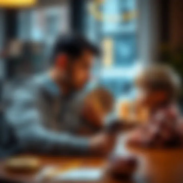 A father and his child sitting at a table, talking about BitCoin with a look of curiosity on their faces.