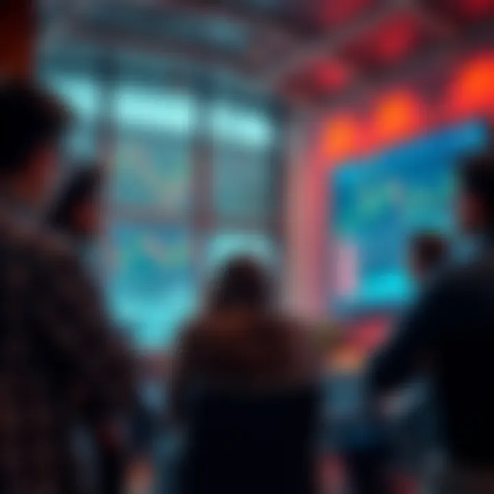 A group of people discussing trading strategies in a casual setting, with charts and graphs displayed on a screen