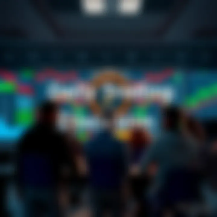 A group of people discussing trading strategies with charts and graphs on a screen in the background.