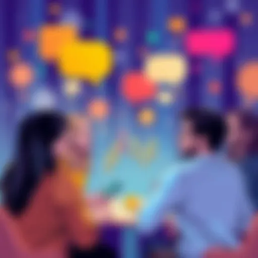 A digital gathering of people sharing ideas about Vechain, with discussion bubbles and a friendly atmosphere