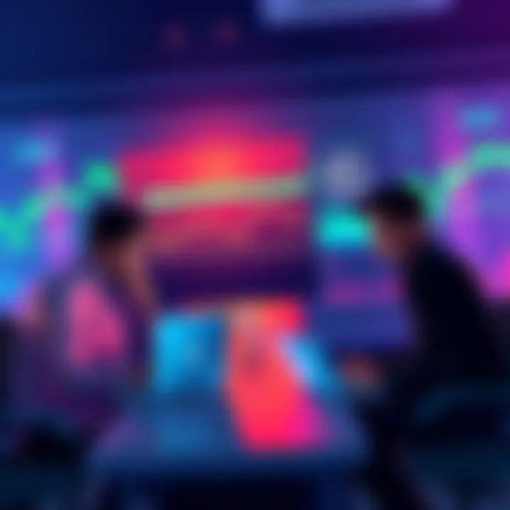 Daily Crypto Discussion A group of people engaging in discussion about cryptocurrency with laptops and charts in front of them