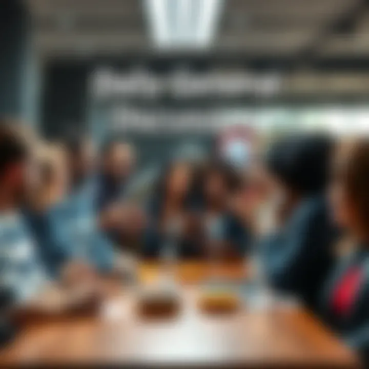 A group of people engaged in a lively discussion about various topics, with donuts on the table as a fun highlight.