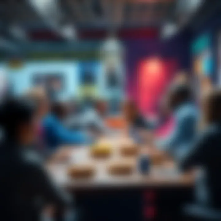 A group of people chatting and sharing ideas in a lively forum setting, with donuts on the table as a focal point of conversation.