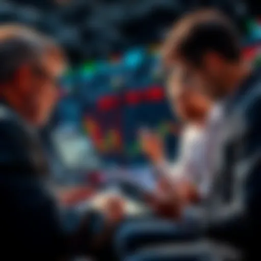 People engaging in a lively trading discussion with charts and notes.