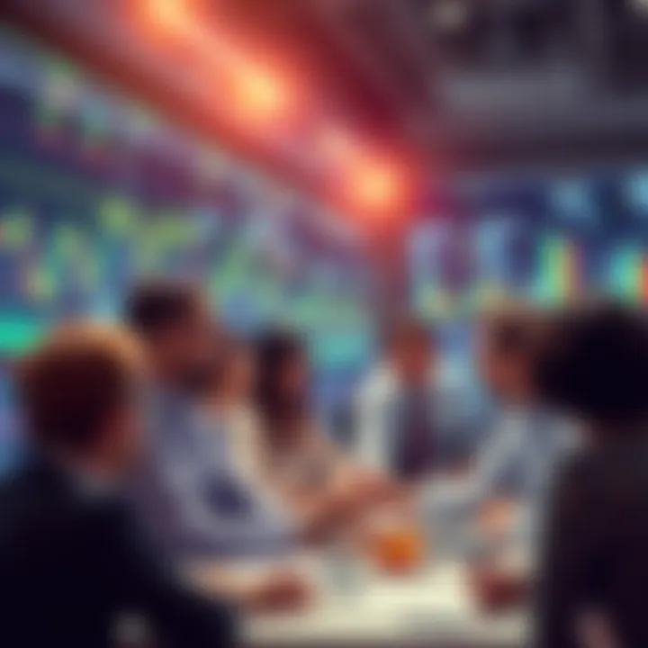 Daily Trading Discussion People engaging in a lively trading discussion with charts and graphs in the background.