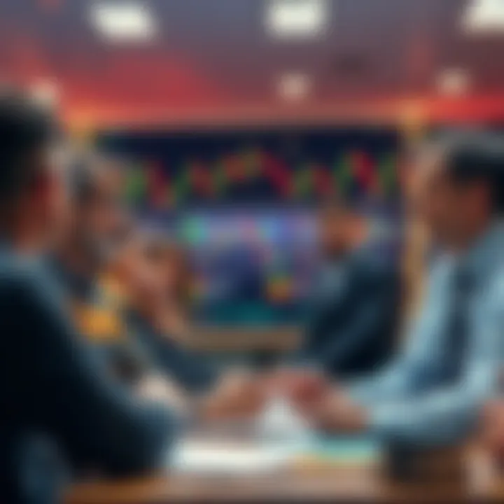 Daily Trading Discussion A group of people engaged in a lively discussion about trading strategies and ideas, with charts and graphs in the background.