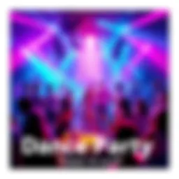 Dance Party A vibrant dance party scene with people dancing and having fun, colorful lights shining, and a DJ playing music.
