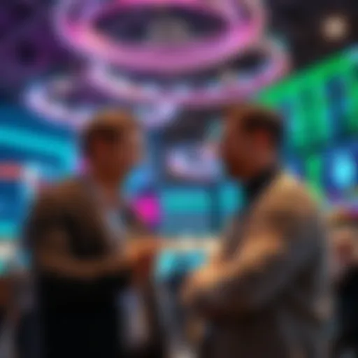 Danny and Trevor discussing their vision for Flexa at a tech conference, surrounded by screens showing cryptocurrency data